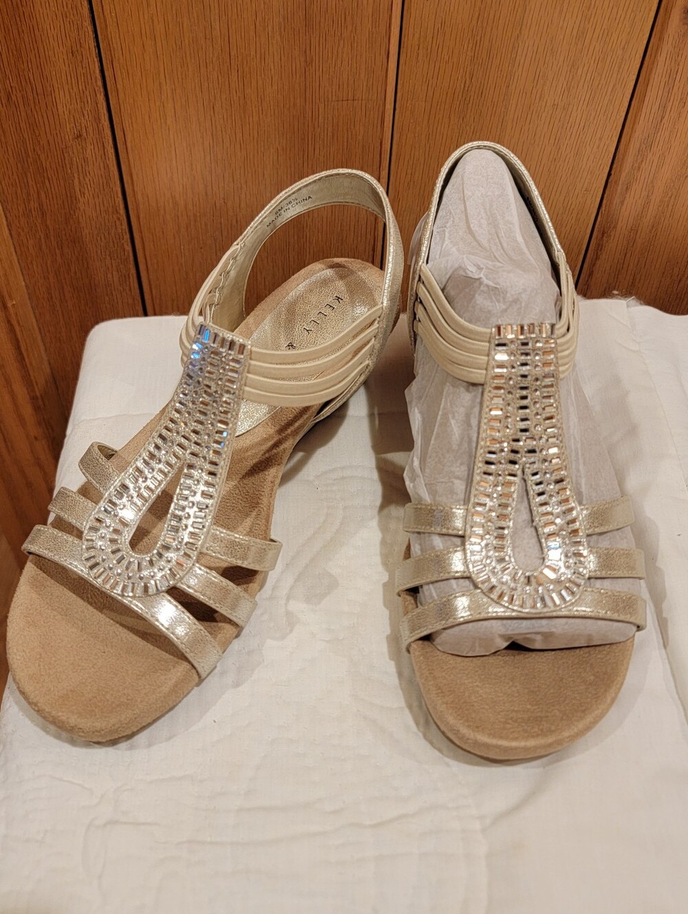 Kelly & Katie Valka Champagne Wedge Sandals - Rhinestone Embellished Size 6M